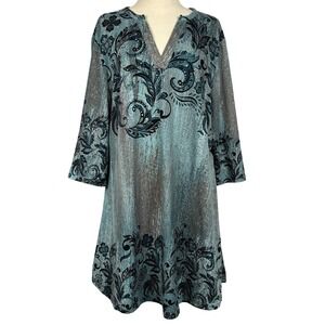 Azalea by Firmiana Teal Paisley Floral Tunic Dress 3/4 Sleeve Plus Size 1X